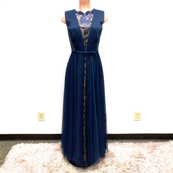 Tadashi Shoji Womens Navy Blue Sequin Lace Floral Pleated Planel Abena Gown 6 - Picture 1 of 9